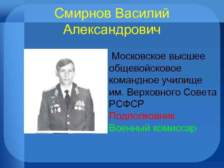 Смирнов Василий Александрович Московское высшее общевойсковое командное училище им. Верховного Совета РСФСР Подполковник Военный