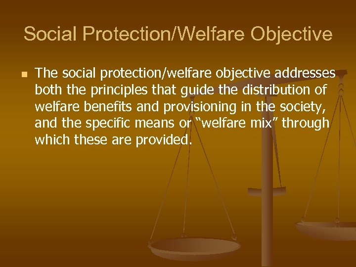 Social Protection/Welfare Objective n The social protection/welfare objective addresses both the principles that guide