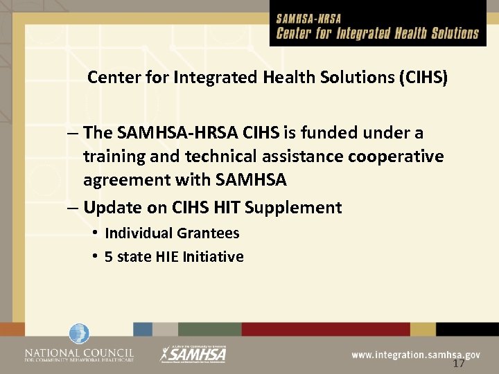 Center for Integrated Health Solutions (CIHS) – The SAMHSA-HRSA CIHS is funded under a