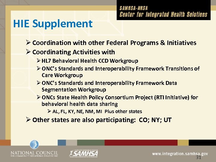 HIE Supplement Ø Coordination with other Federal Programs & Initiatives Ø Coordinating Activities with