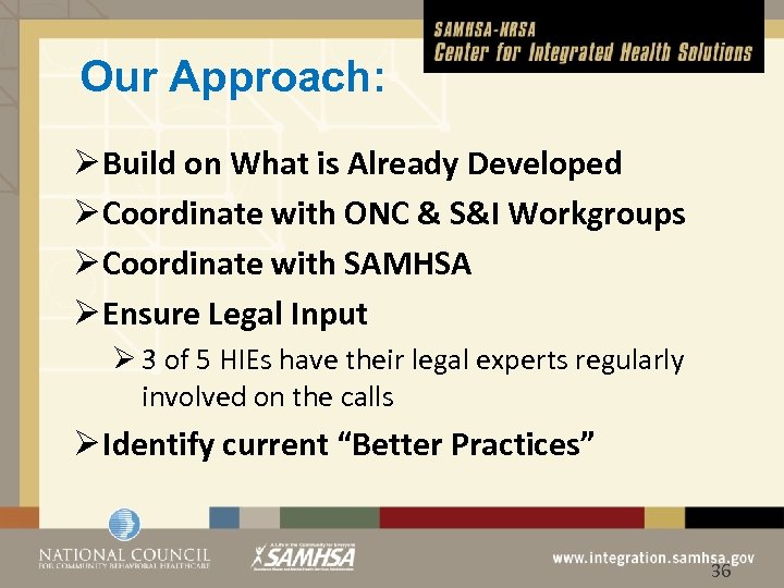 Our Approach: Ø Build on What is Already Developed Ø Coordinate with ONC &