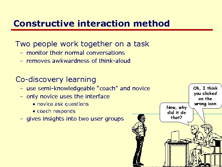 Constructive interaction method Two people work together on a task – monitor their normal