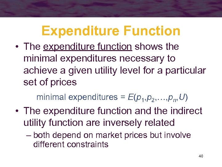 Expenditure Function • The expenditure function shows the minimal expenditures necessary to achieve a