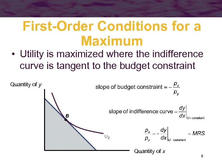 First-Order Conditions for a Maximum • Utility is maximized where the indifference curve is