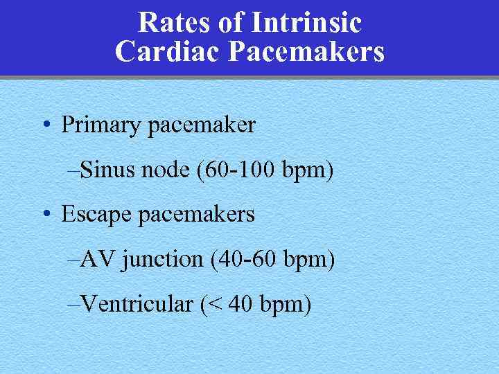 Rates of Intrinsic Cardiac Pacemakers • Primary pacemaker –Sinus node (60 -100 bpm) •