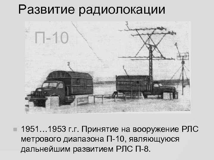 Развитие радиолокации П-10 1951… 1953 г. г. Принятие на вооружение РЛС метрового диапазона П-10,