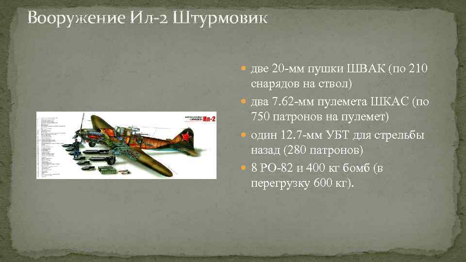 Вооружение Ил-2 Штурмовик две 20 -мм пушки ШВАК (по 210 снарядов на ствол) два