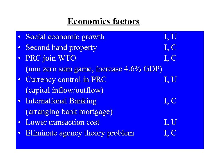Economics factors • Social economic growth I, U • Second hand property I, C