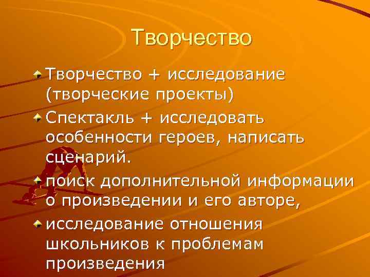 Творчество + исследование (творческие проекты) Спектакль + исследовать особенности героев, написать сценарий. поиск дополнительной