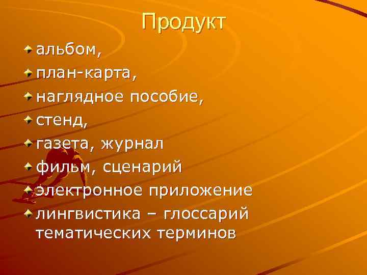 Продукт альбом, план-карта, наглядное пособие, стенд, газета, журнал фильм, сценарий электронное приложение лингвистика –