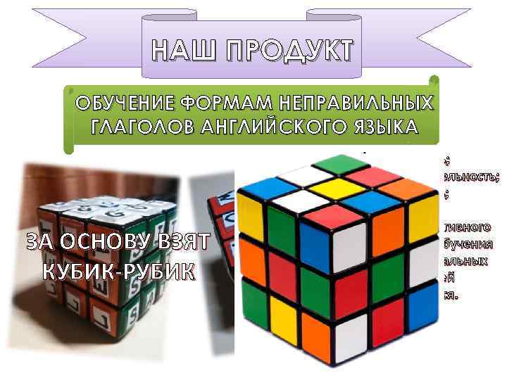 НАШ ПРОДУКТ ОБУЧЕНИЕ ФОРМАМ НЕПРАВИЛЬНЫХ ГЛАГОЛОВ АНГЛИЙСКОГО ЯЗЫКА ЗА ОСНОВУ ВЗЯТ КУБИК-РУБИК ü наглядность;
