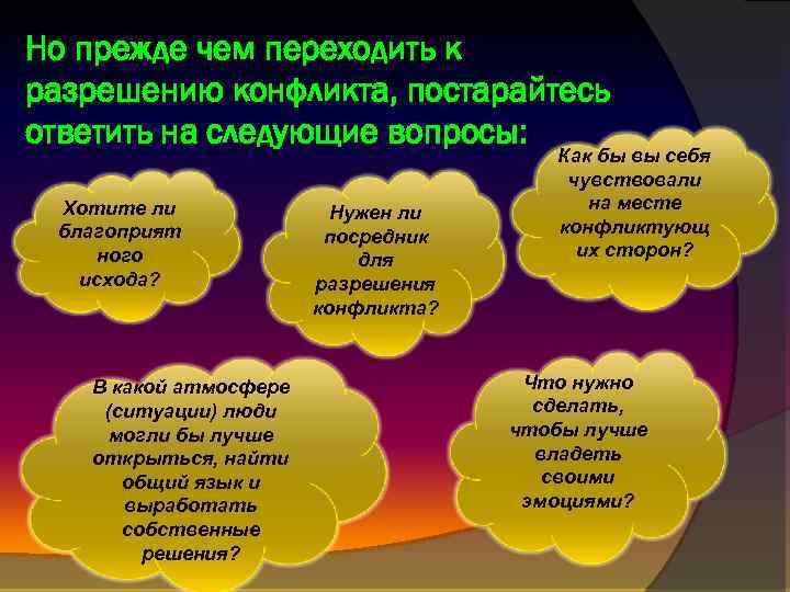 Но прежде чем переходить к разрешению конфликта, постарайтесь ответить на следующие вопросы: Хотите ли