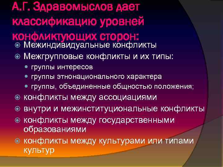 А. Г. Здравомыслов дает классификацию уровней конфликтующих сторон: Межиндивидуальные конфликты Межгрупповые конфликты и их