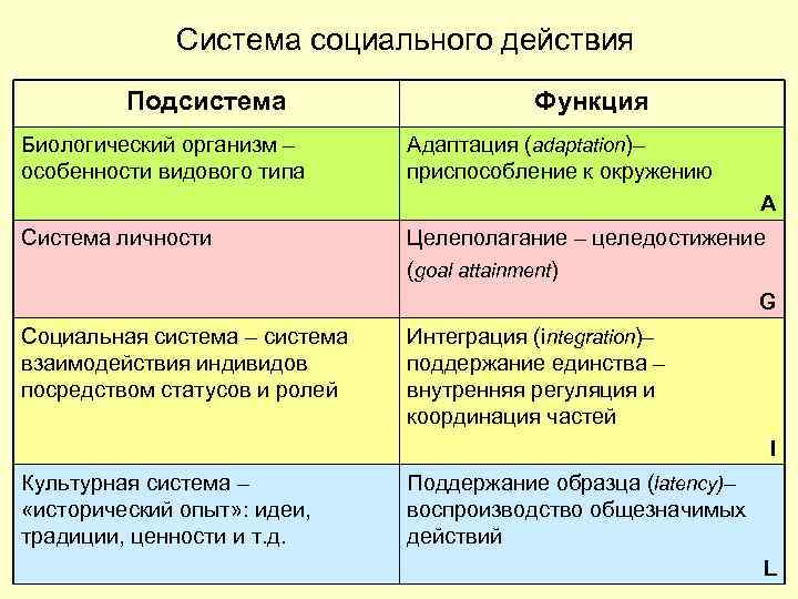 Система социального действия Подсистема Биологический организм – особенности видового типа Функция Адаптация (adaptation)– приспособление