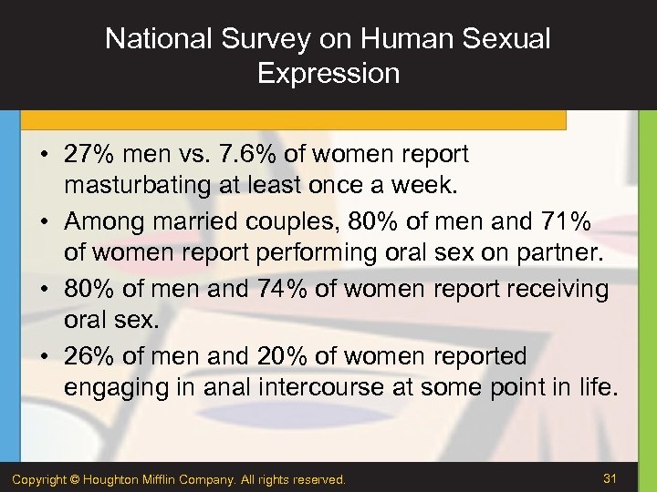 National Survey on Human Sexual Expression • 27% men vs. 7. 6% of women