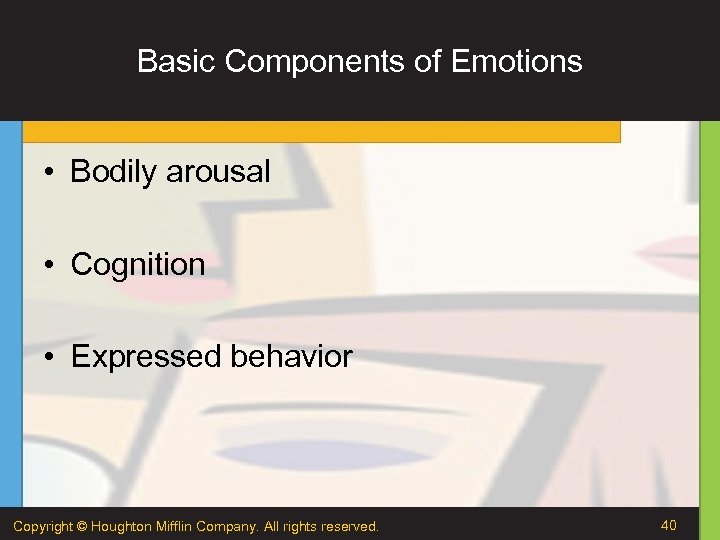 Basic Components of Emotions • Bodily arousal • Cognition • Expressed behavior Copyright ©
