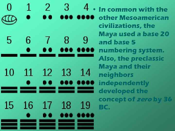  • In common with the other Mesoamerican civilizations, the Maya used a base