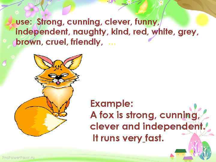 use: Strong, cunning, clever, funny, independent, naughty, kind, red, white, grey, brown, cruel, friendly,