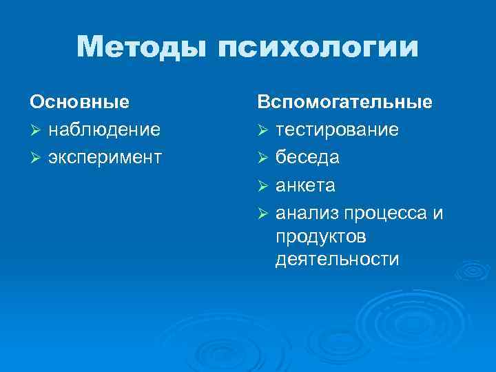 Методы психологии Основные Ø наблюдение Ø эксперимент Вспомогательные Ø тестирование Ø беседа Ø анкета