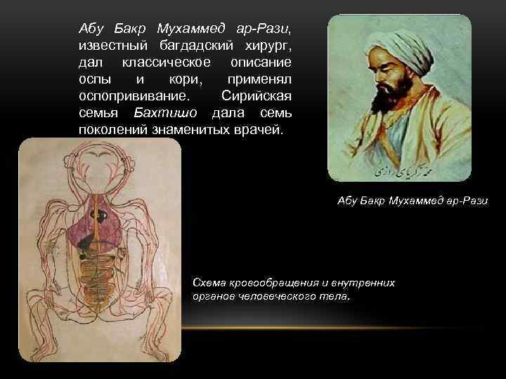 Абу Бакр Мухаммед ар-Рази, известный багдадский хирург, дал классическое описание оспы и кори, применял