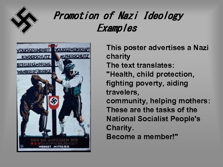 Promotion of Nazi Ideology Examples This poster advertises a Nazi charity The text translates: