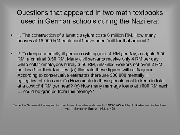 Questions that appeared in two math textbooks used in German schools during the Nazi