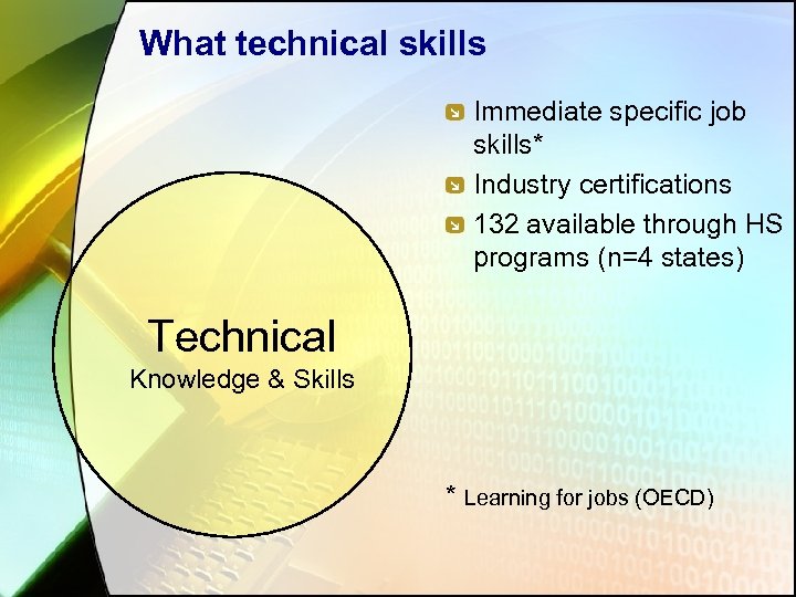 What technical skills Immediate specific job skills* Industry certifications 132 available through HS programs