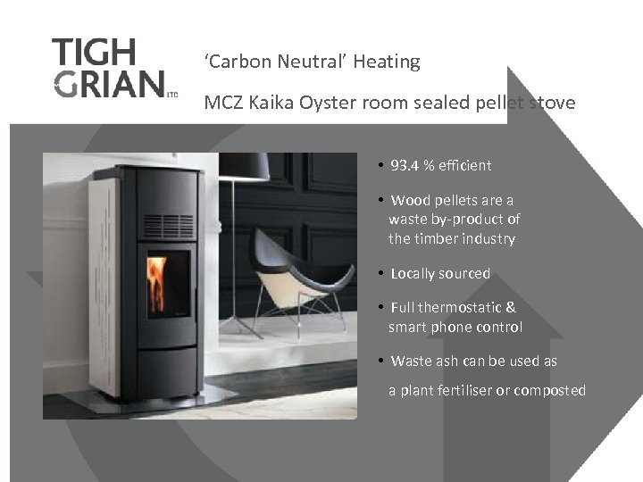 ‘Carbon Neutral’ Heating MCZ Kaika Oyster room sealed pellet stove • 93. 4 %