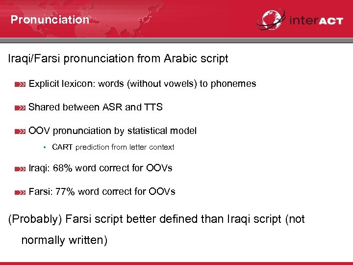Pronunciation Iraqi/Farsi pronunciation from Arabic script Explicit lexicon: words (without vowels) to phonemes Shared