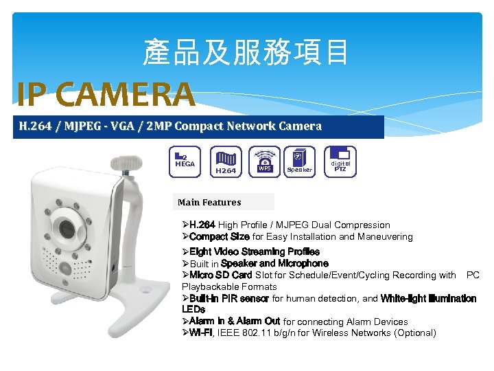 產品及服務項目 IP CAMERA H. 264 / MJPEG - VGA / 2 MP Compact Network
