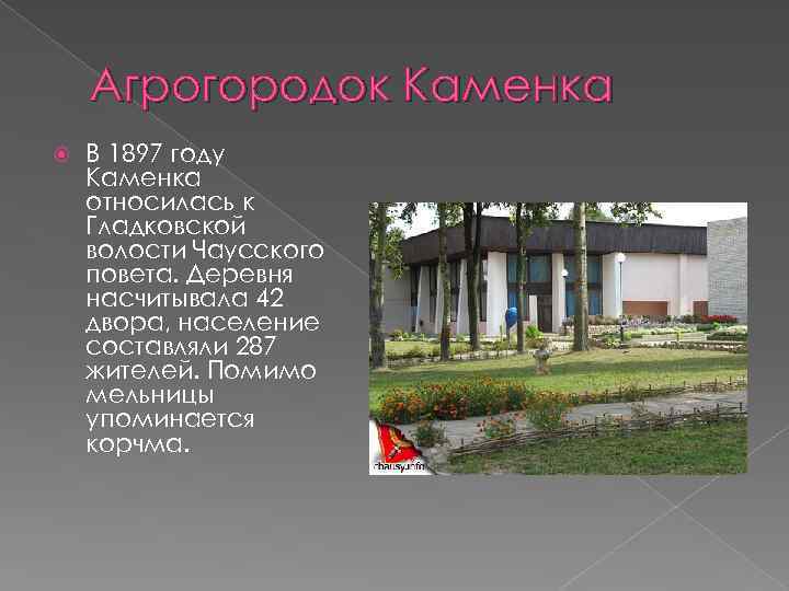 Агрогородок Каменка В 1897 году Каменка относилась к Гладковской волости Чаусского повета. Деревня насчитывала