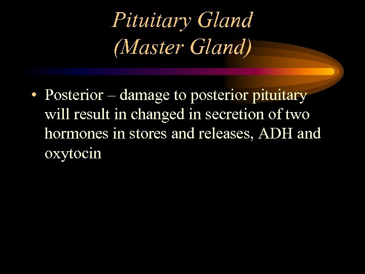 Pituitary Gland (Master Gland) • Posterior – damage to posterior pituitary will result in