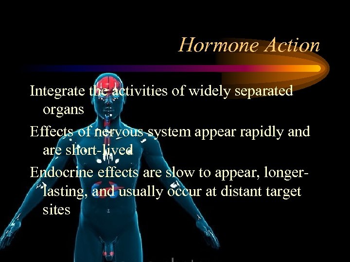 Hormone Action Integrate the activities of widely separated organs Effects of nervous system appear