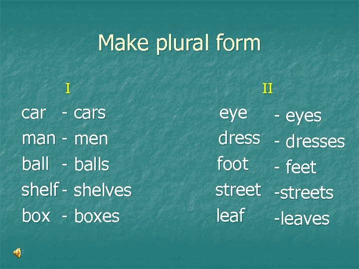 Make plural form I car - cars man - men ball - balls shelf