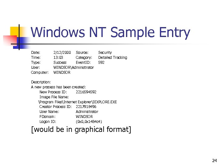 Windows NT Sample Entry Date: Time: Type: User: Computer: 2/12/2000 Source: 13: 03 Category: