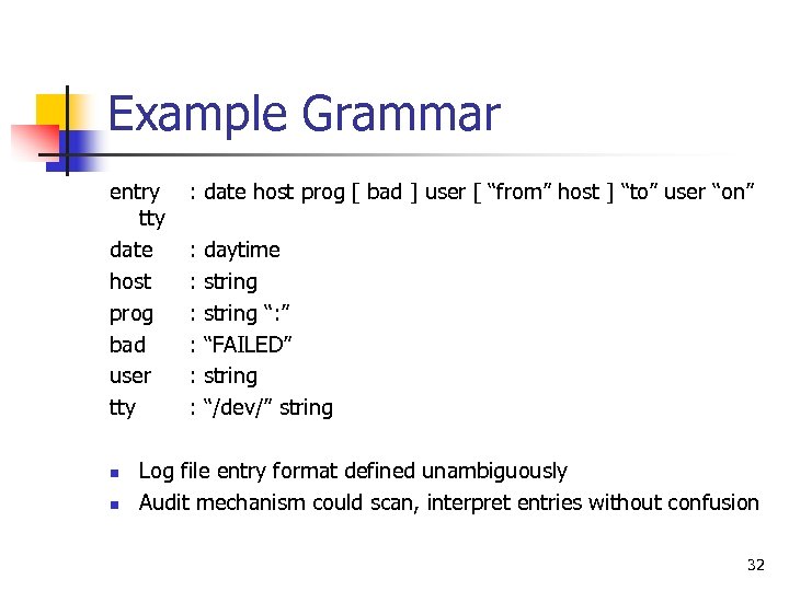 Example Grammar entry tty date host prog bad user tty n n : date