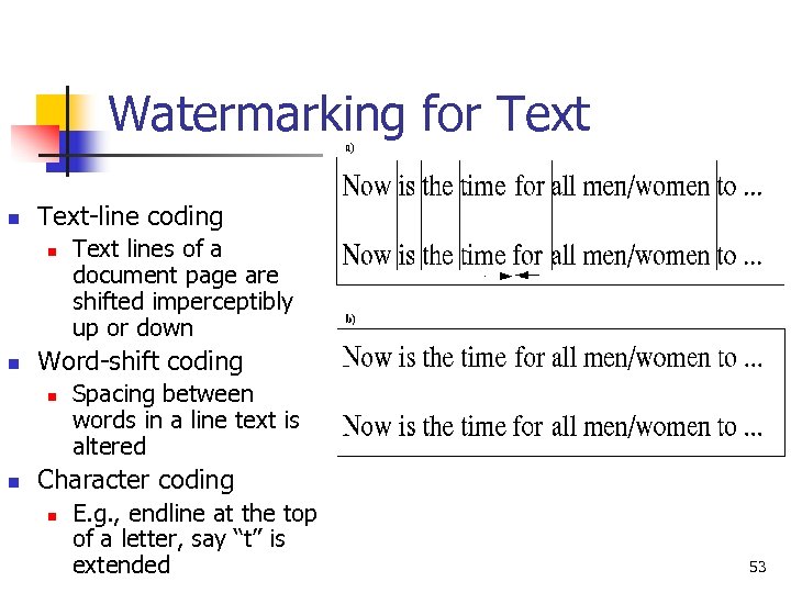 Watermarking for Text n Text-line coding n n Word-shift coding n n Text lines