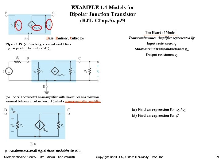 EXAMPLE 1. 4 Models for Bipolar Junction Transistor (BJT, Chap. 5), p 29 Base,