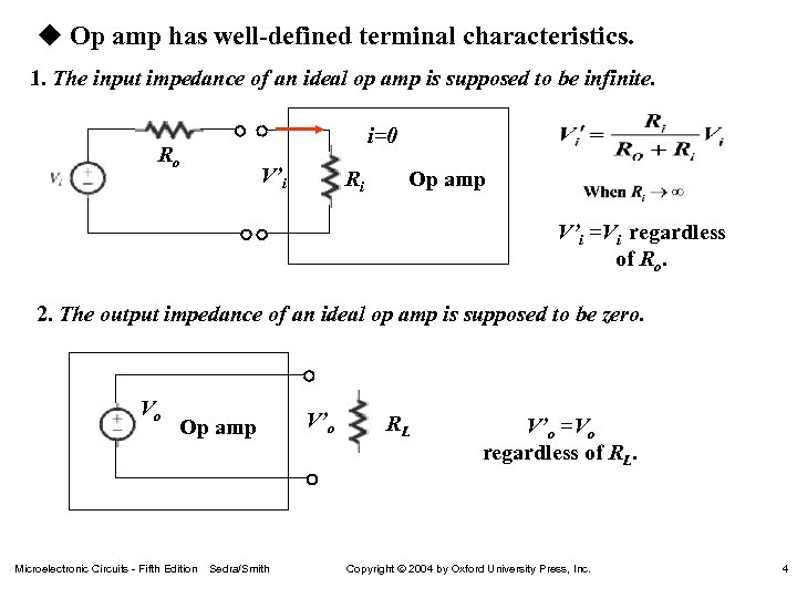 u Op amp has well-defined terminal characteristics. 1. The input impedance of an ideal