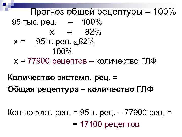 Прогноз общей рецептуры – 100% 95 тыс. рец. – 100% х – 82% х