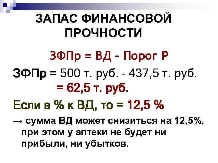 ЗАПАС ФИНАНСОВОЙ ПРОЧНОСТИ ЗФПр = ВД – Порог Р ЗФПр = 500 т. руб.