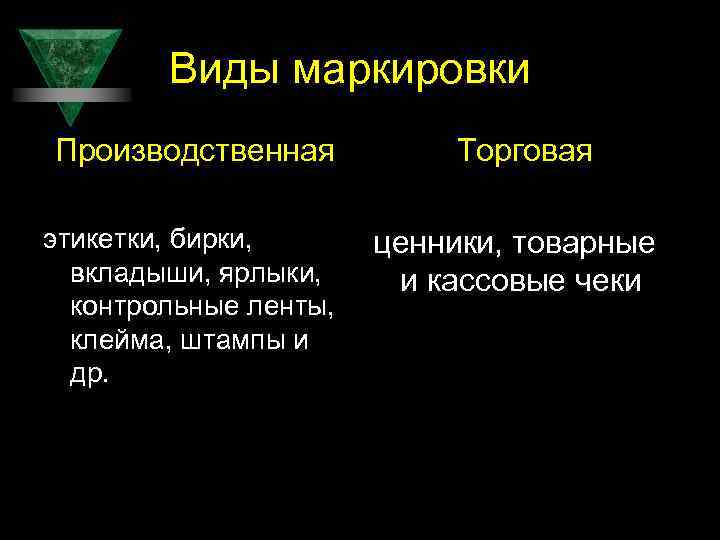 Виды маркировки Производственная Торговая этикетки, бирки, вкладыши, ярлыки, контрольные ленты, клейма, штампы и др.