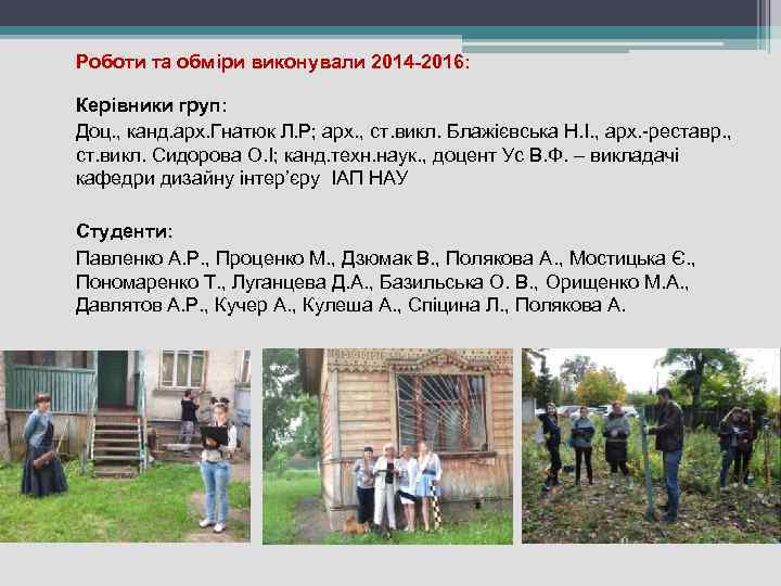 Роботи та обміри виконували 2014 -2016: Керівники груп: Доц. , канд. арх. Гнатюк Л.