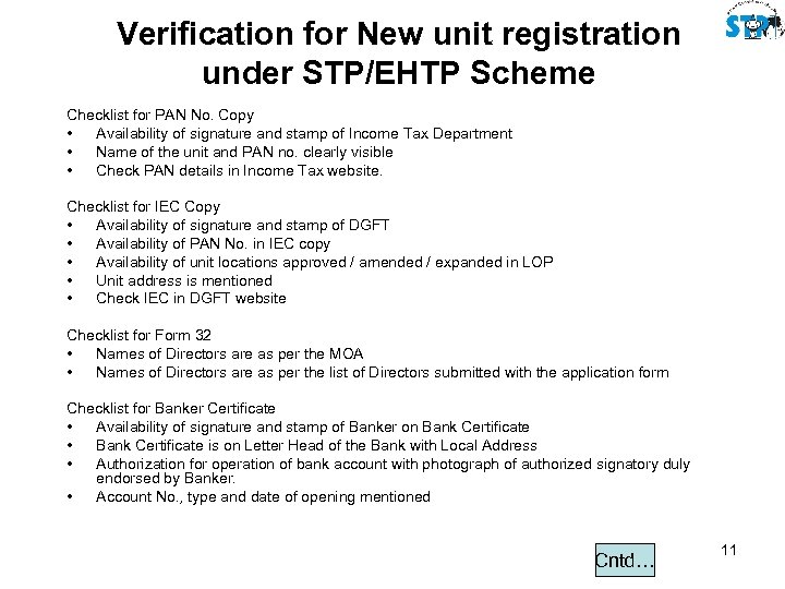 Verification for New unit registration under STP/EHTP Scheme Checklist for PAN No. Copy •