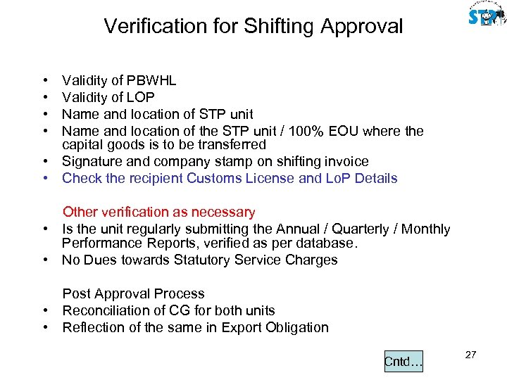 Verification for Shifting Approval • • Validity of PBWHL Validity of LOP Name and