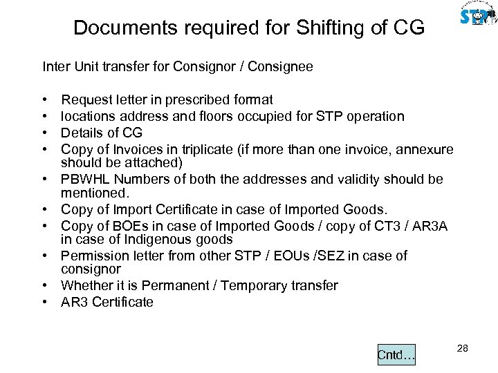 Documents required for Shifting of CG Inter Unit transfer for Consignor / Consignee •