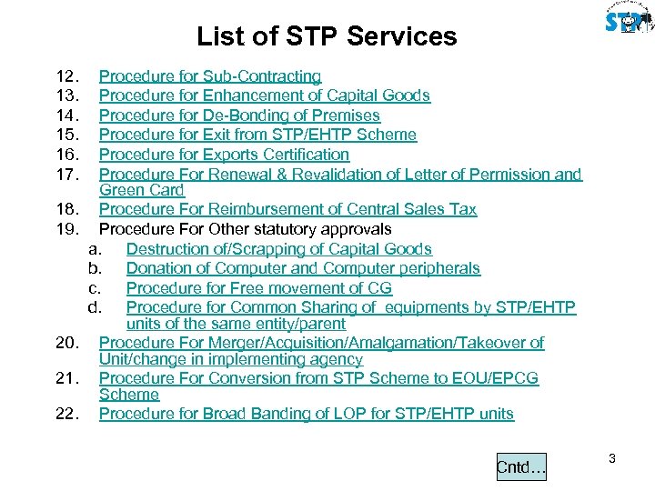 List of STP Services 12. 13. 14. 15. 16. 17. 18. 19. 20. 21.