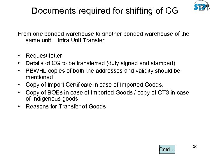 Documents required for shifting of CG From one bonded warehouse to another bonded warehouse