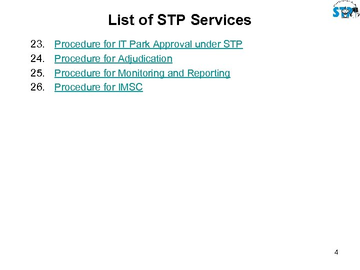 List of STP Services 23. 24. 25. 26. Procedure for IT Park Approval under