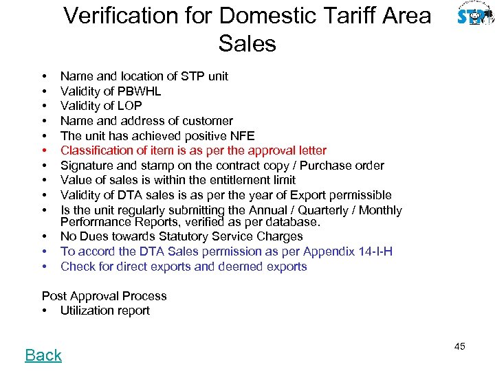 Verification for Domestic Tariff Area Sales • • • • Name and location of